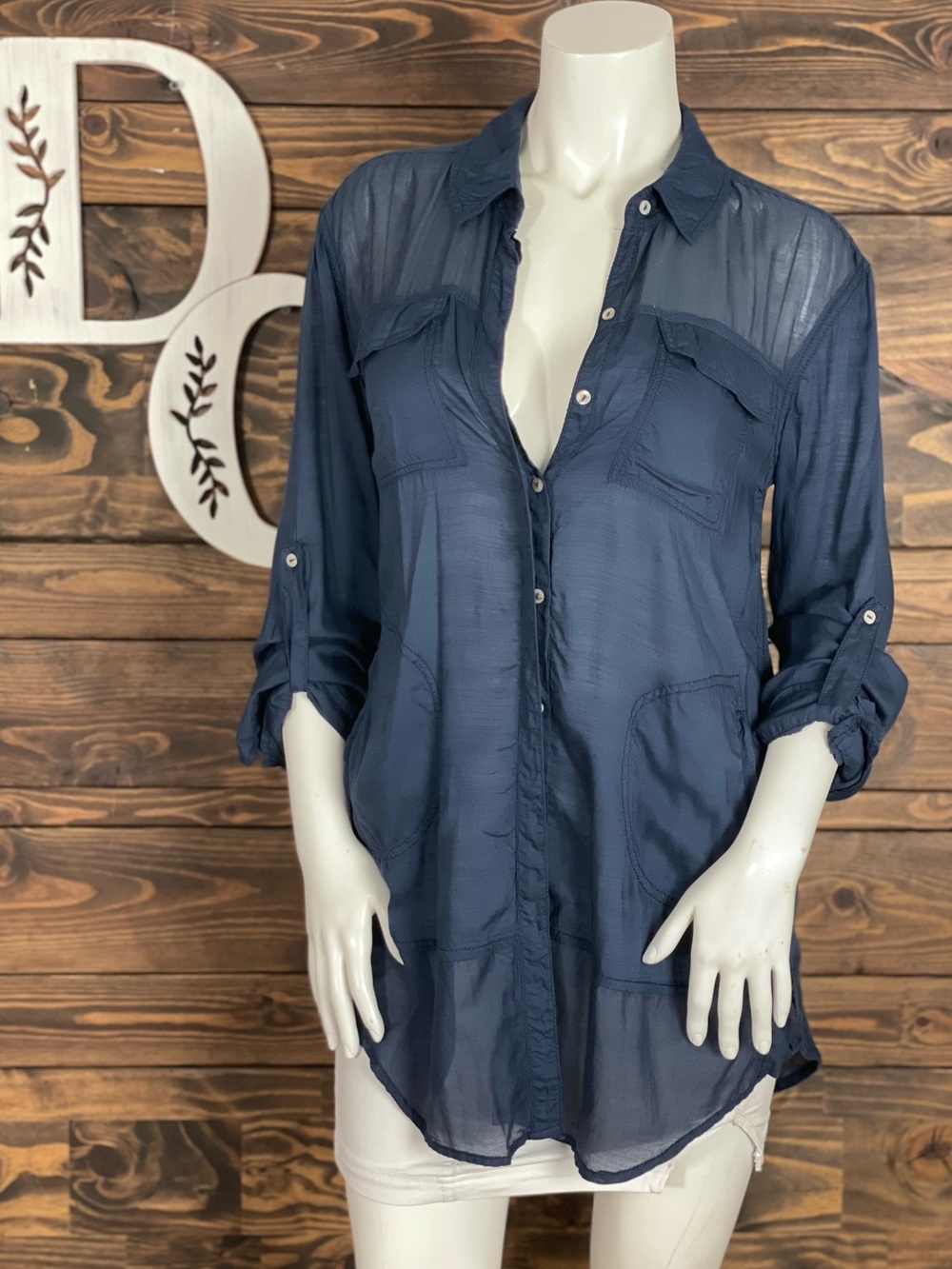 HOLDING HORSES | Navy Tunic Button-Front Sheer Utility Shirt Roll Tab Sleeves